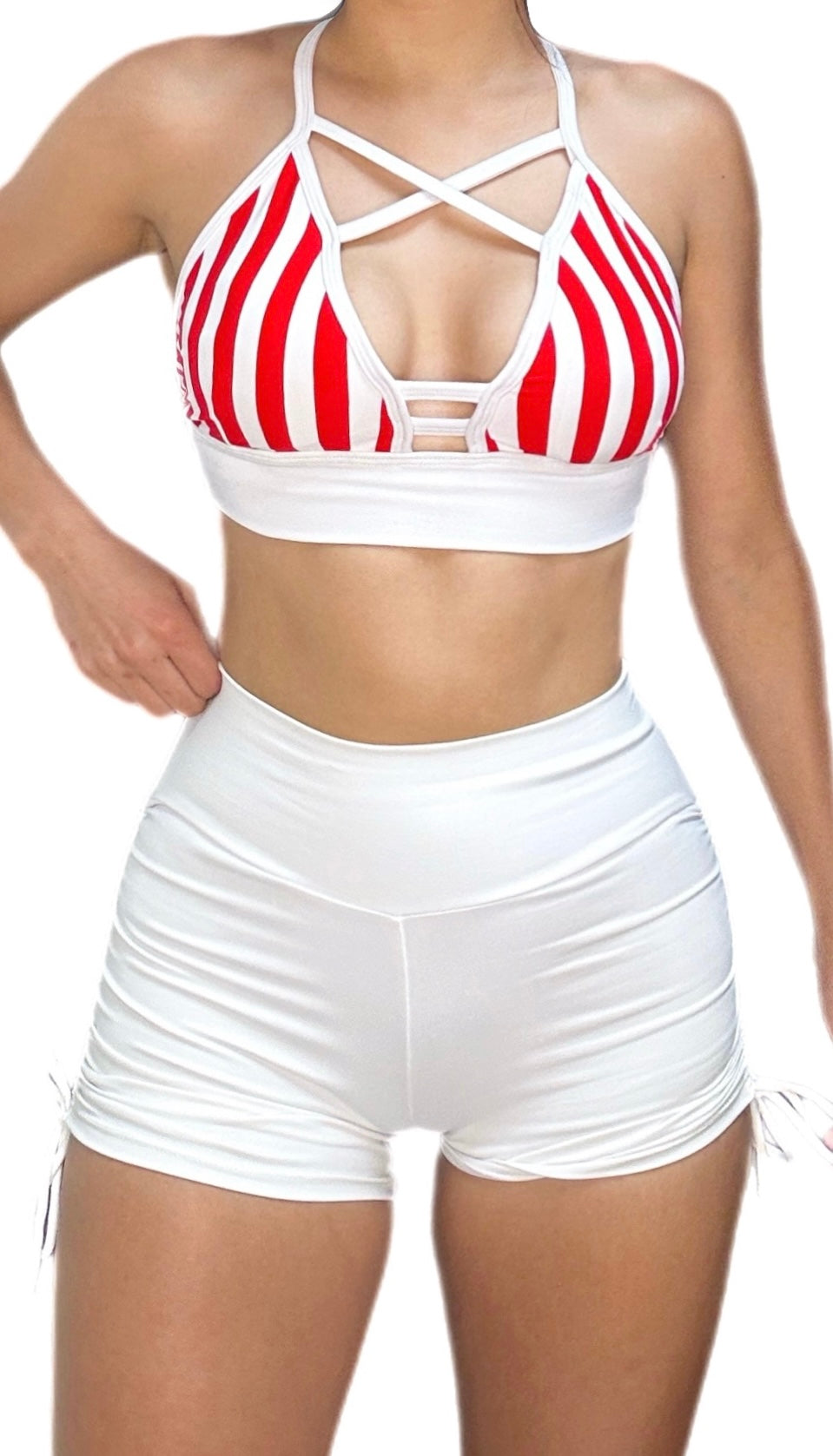 Red Strip Top &  White Short Set